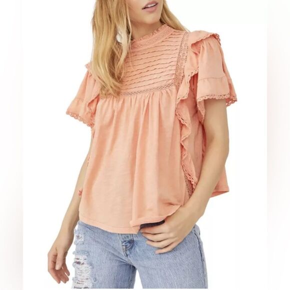 Free People Light Peach Orange Peasant Flutter Sleeve Size Small - Picture 1 of 9